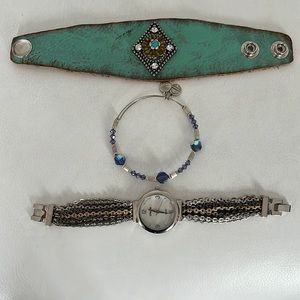 3 New Pieces; turquoise leather, Chico chain watch (needs battery) &  Alex Ani.